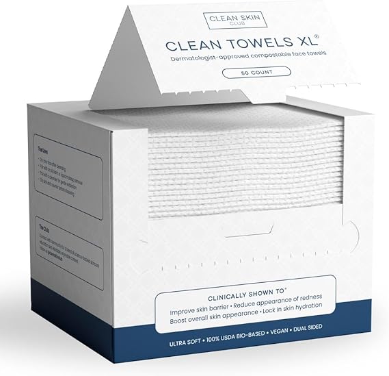 Clean Skin Club Clean Towels XL, 100% USDA Biobased Face Towel, Disposable Face Towelette, Makeup Remover Dry Wipes